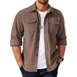 imageCOOFANDY Mens Corduroy Button Down Shirts Jackets Casual Long Sleeve Shacket Lightweight Overshirts with Flap PocketsBrown