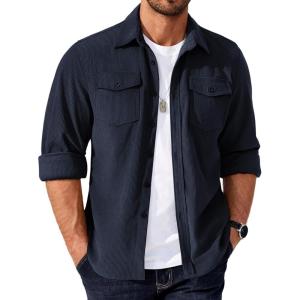 imageCOOFANDY Mens Corduroy Button Down Shirts Jackets Casual Long Sleeve Shacket Lightweight Overshirts with Flap PocketsDark Blue