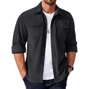 imageCOOFANDY Mens Corduroy Button Down Shirts Jackets Casual Long Sleeve Shacket Lightweight Overshirts with Flap PocketsDark Gray