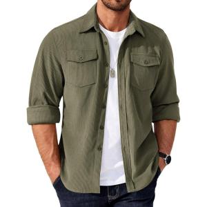 imageCOOFANDY Mens Corduroy Button Down Shirts Jackets Casual Long Sleeve Shacket Lightweight Overshirts with Flap PocketsDark Green