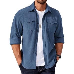 imageCOOFANDY Mens Corduroy Button Down Shirts Jackets Casual Long Sleeve Shacket Lightweight Overshirts with Flap PocketsGrey Blue
