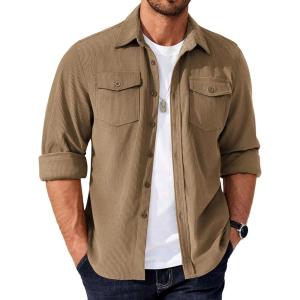 imageCOOFANDY Mens Corduroy Button Down Shirts Jackets Casual Long Sleeve Shacket Lightweight Overshirts with Flap PocketsKhaki