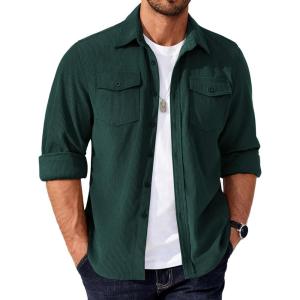 imageCOOFANDY Mens Corduroy Button Down Shirts Jackets Casual Long Sleeve Shacket Lightweight Overshirts with Flap PocketsLake Green