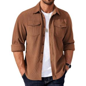 imageCOOFANDY Mens Corduroy Button Down Shirts Jackets Casual Long Sleeve Shacket Lightweight Overshirts with Flap PocketsLight Brown