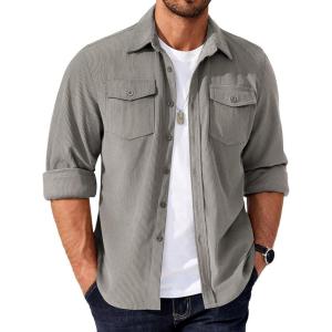 imageCOOFANDY Mens Corduroy Button Down Shirts Jackets Casual Long Sleeve Shacket Lightweight Overshirts with Flap PocketsLight Gray