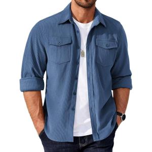 imageCOOFANDY Mens Corduroy Button Down Shirts Jackets Casual Long Sleeve Shacket Lightweight Overshirts with Flap PocketsNavy Blue