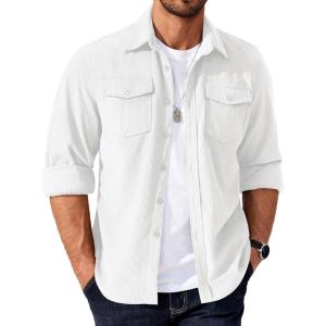 imageCOOFANDY Mens Corduroy Button Down Shirts Jackets Casual Long Sleeve Shacket Lightweight Overshirts with Flap PocketsWhite