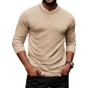 imageCOOFANDY Mens Crew Neck Pullover Sweater Slim Fit Long Sleeve Knit Sweaters Lightweight Dress Casual Crewneck SweaterApricot