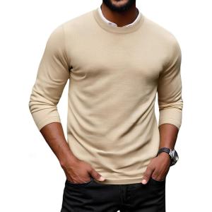 imageCOOFANDY Mens Crew Neck Pullover Sweater Slim Fit Long Sleeve Knit Sweaters Lightweight Dress Casual Crewneck SweaterKhaki