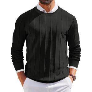 imageCOOFANDY Mens Crew Neck Sweater Long Sleeve Ribbed Knit Dress Sweaters Casual Slim Fit PulloverBlack