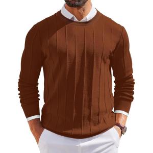 imageCOOFANDY Mens Crew Neck Sweater Long Sleeve Ribbed Knit Dress Sweaters Casual Slim Fit PulloverCaramel