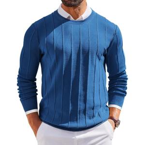 imageCOOFANDY Mens Crew Neck Sweater Long Sleeve Ribbed Knit Dress Sweaters Casual Slim Fit PulloverDark Blue