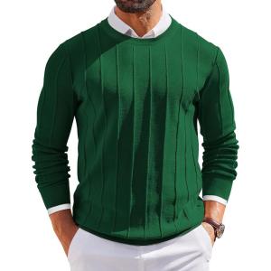 imageCOOFANDY Mens Crew Neck Sweater Long Sleeve Ribbed Knit Dress Sweaters Casual Slim Fit PulloverGreen