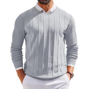 imageCOOFANDY Mens Crew Neck Sweater Long Sleeve Ribbed Knit Dress Sweaters Casual Slim Fit PulloverLight Grey