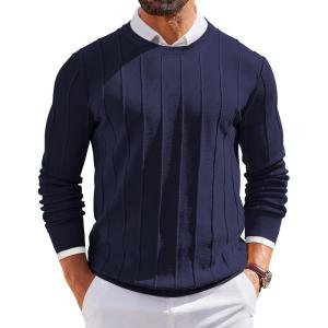 imageCOOFANDY Mens Crew Neck Sweater Long Sleeve Ribbed Knit Dress Sweaters Casual Slim Fit PulloverNavy Blue