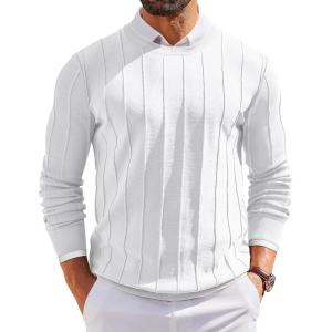imageCOOFANDY Mens Crew Neck Sweater Long Sleeve Ribbed Knit Dress Sweaters Casual Slim Fit PulloverWhite