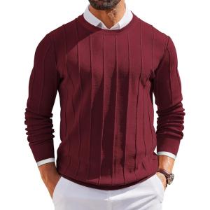imageCOOFANDY Mens Crew Neck Sweater Long Sleeve Ribbed Knit Dress Sweaters Casual Slim Fit PulloverWine Red