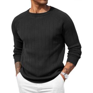 imageCOOFANDY Mens Crewneck Pullover Sweaters Business Casual Long Sleeve Slim Fit Sweater Chunky Cable Knit SweaterBlack
