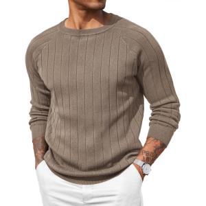 imageCOOFANDY Mens Crewneck Pullover Sweaters Business Casual Long Sleeve Slim Fit Sweater Chunky Cable Knit SweaterBrown