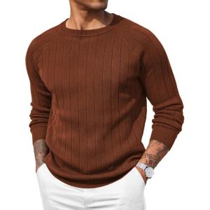 imageCOOFANDY Mens Crewneck Pullover Sweaters Business Casual Long Sleeve Slim Fit Sweater Chunky Cable Knit SweaterCaramel