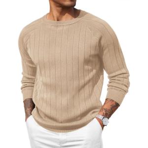 imageCOOFANDY Mens Crewneck Pullover Sweaters Business Casual Long Sleeve Slim Fit Sweater Chunky Cable Knit SweaterKhaki