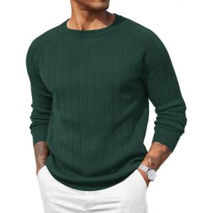 imageCOOFANDY Mens Crewneck Pullover Sweaters Business Casual Long Sleeve Slim Fit Sweater Chunky Cable Knit SweaterLake Green