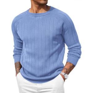imageCOOFANDY Mens Crewneck Pullover Sweaters Business Casual Long Sleeve Slim Fit Sweater Chunky Cable Knit SweaterLight Blue