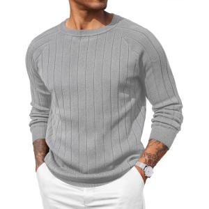 imageCOOFANDY Mens Crewneck Pullover Sweaters Business Casual Long Sleeve Slim Fit Sweater Chunky Cable Knit SweaterLight Gray