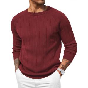 imageCOOFANDY Mens Crewneck Pullover Sweaters Business Casual Long Sleeve Slim Fit Sweater Chunky Cable Knit SweaterWine Red