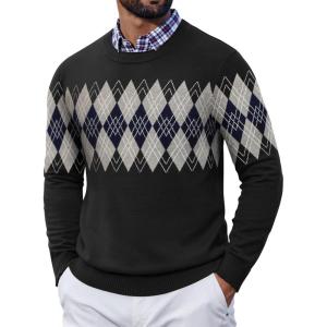 imageCOOFANDY Mens Crewneck Sweater Pullover Knit Sweater Lightweight Sweaters with Ribbing EdgeArgyle  Black