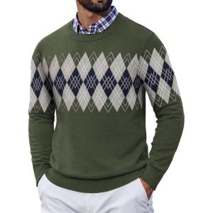 imageCOOFANDY Mens Crewneck Sweater Pullover Knit Sweater Lightweight Sweaters with Ribbing EdgeArgyle  Green