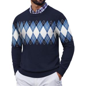 imageCOOFANDY Mens Crewneck Sweater Pullover Knit Sweater Lightweight Sweaters with Ribbing EdgeArgyle  Navy Blue