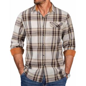 imageCOOFANDY Mens Flannel Shirts Long Sleeve Button Down Shirt Casual Shirts Work Shirts for MenBeige Brown