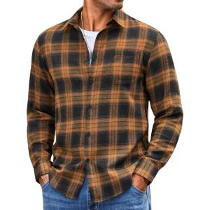 imageCOOFANDY Mens Flannel Shirts Long Sleeve Lightweight Plaid Shirt Casual Button Down Shirts with PocketKhaki