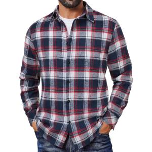 imageCOOFANDY Mens Flannel Shirts Long Sleeve Plaid Button Down Shirts Casual Cotton ShirtsBlueRed