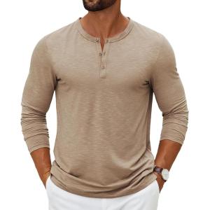 imageCOOFANDY Mens Henley Shirts Long Sleeve Casual Pullover TShirt Fashion Basic Button ShirtsKhaki