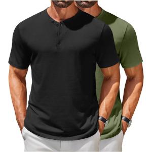 imageCOOFANDY Mens Henley Shirts Short Sleeve Casual Summer Basic T Shirt Soild Button Tee TopB2 Pack BlackArmy Green