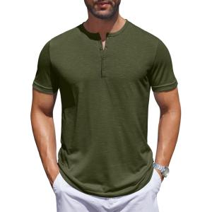 imageCOOFANDY Mens Henley Shirts Short Sleeve Collarless Button TShirt Fashion Casual Basic Tee TopsArmy Green