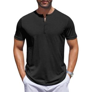 imageCOOFANDY Mens Henley Shirts Short Sleeve Collarless Button TShirt Fashion Casual Basic Tee TopsBlack