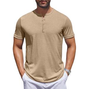 imageCOOFANDY Mens Henley Shirts Short Sleeve Collarless Button TShirt Fashion Casual Basic Tee TopsKhaki