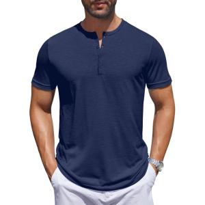 imageCOOFANDY Mens Henley Shirts Short Sleeve Collarless Button TShirt Fashion Casual Basic Tee TopsNavy Blue