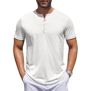 imageCOOFANDY Mens Henley Shirts Short Sleeve Collarless Button TShirt Fashion Casual Basic Tee TopsWhite
