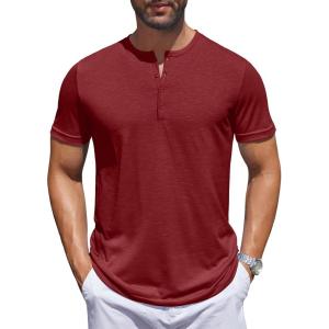imageCOOFANDY Mens Henley Shirts Short Sleeve Collarless Button TShirt Fashion Casual Basic Tee TopsWine Red