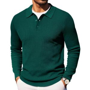 imageCOOFANDY Mens Knit Polo Long Sleeve Sweaters Collared Polo Sweater Casual Dress Pullover Fashion Golf SweatersGreen