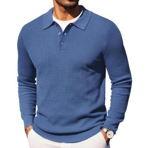imageCOOFANDY Mens Knit Polo Long Sleeve Sweaters Collared Polo Sweater Casual Dress Pullover Fashion Golf SweatersGrey Blue