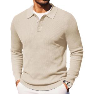 imageCOOFANDY Mens Knit Polo Long Sleeve Sweaters Collared Polo Sweater Casual Dress Pullover Fashion Golf SweatersLight Khaki