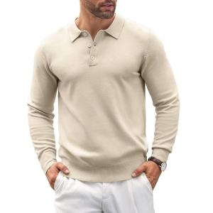 imageCOOFANDY Mens Knit Polo Shirts Casual Long Sleeve Classic Polo Shirts Button Down Golf ShirtsCream