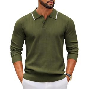 imageCOOFANDY Mens Knit Polo Sweater Casual Long Sleeve Polo Sweater Lightweight Button Down Golf Pullover SweatersArmy Green