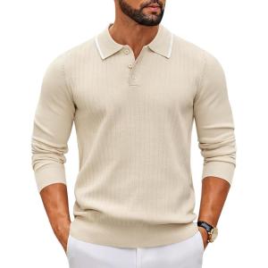 imageCOOFANDY Mens Knit Polo Sweater Casual Long Sleeve Polo Sweater Lightweight Button Down Golf Pullover SweatersBeige