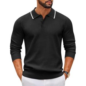 imageCOOFANDY Mens Knit Polo Sweater Casual Long Sleeve Polo Sweater Lightweight Button Down Golf Pullover SweatersBlack